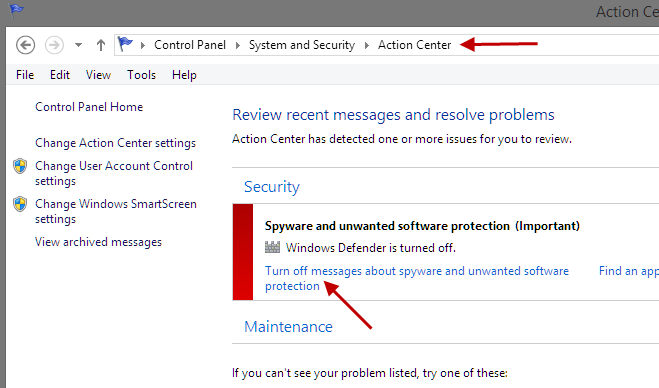 Disable warning messages in the action center of Win8