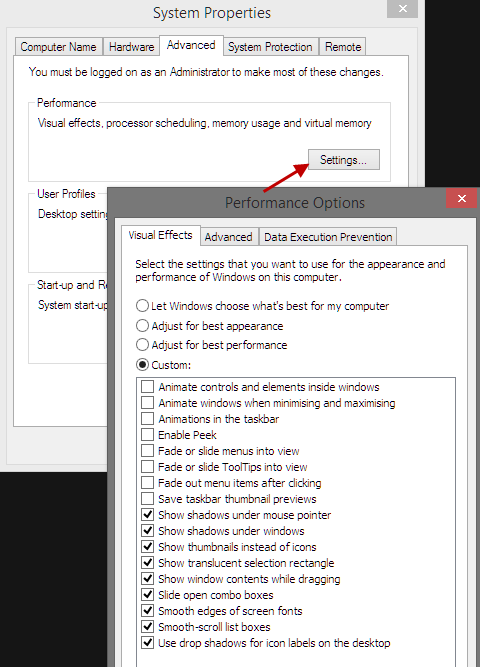 Disable non essential visual effects in Win8