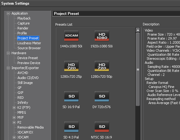 EDIUS65 system settings project preset