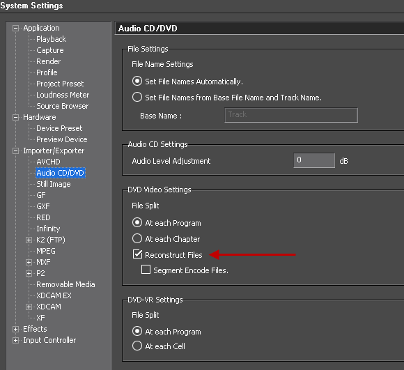 EDIUS65 system settings audio CD/DVD