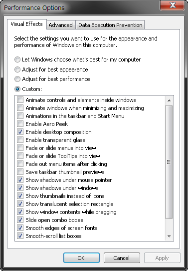 Win7 performance options