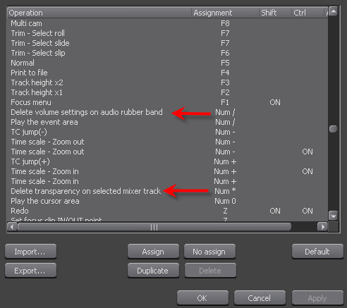 Edius5 Shortcuts to delete video opacity and audio nodes