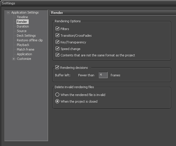 EDIUS Application Settings, Render Settings