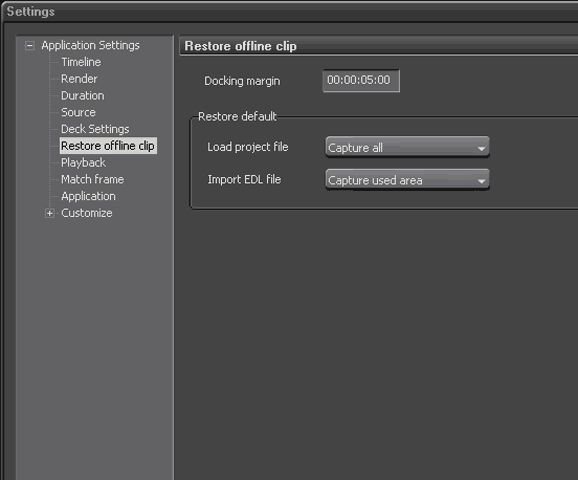 EDIUS Application Settings, Restore offline clip Settings