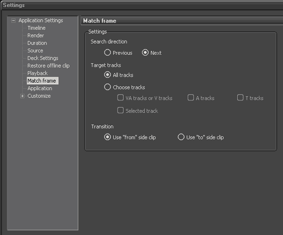 EDIUS Application Settings, Match Frame Settings