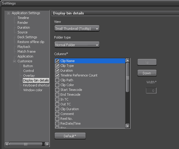 EDIUS Application Settings, Display bin details Settings