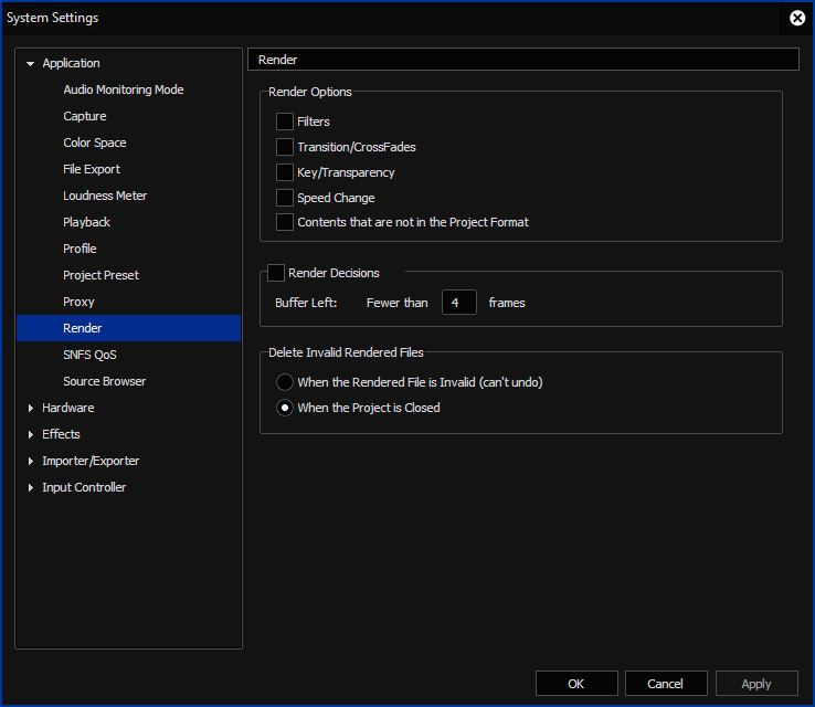 EDIUS X System Settings - Render