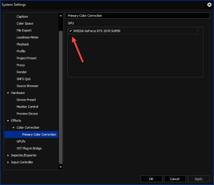 EDIUS X System Settings - Primary Color Correction