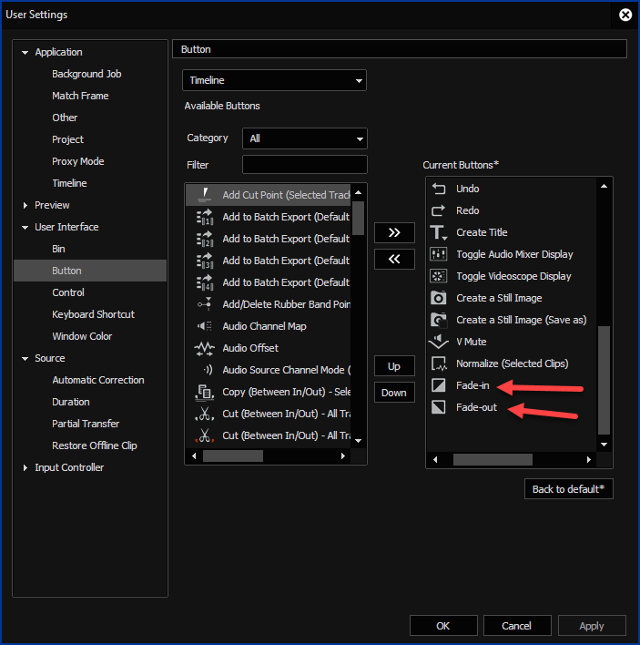 EDIUS X User Settings - Button Timeline 2