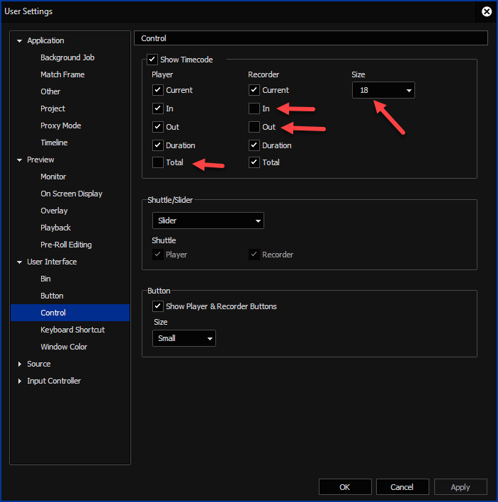 EDIUS X User Settings - Control