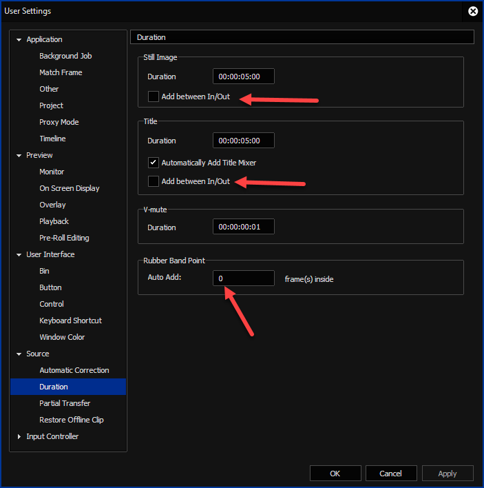 EDIUS X User Settings - Duration