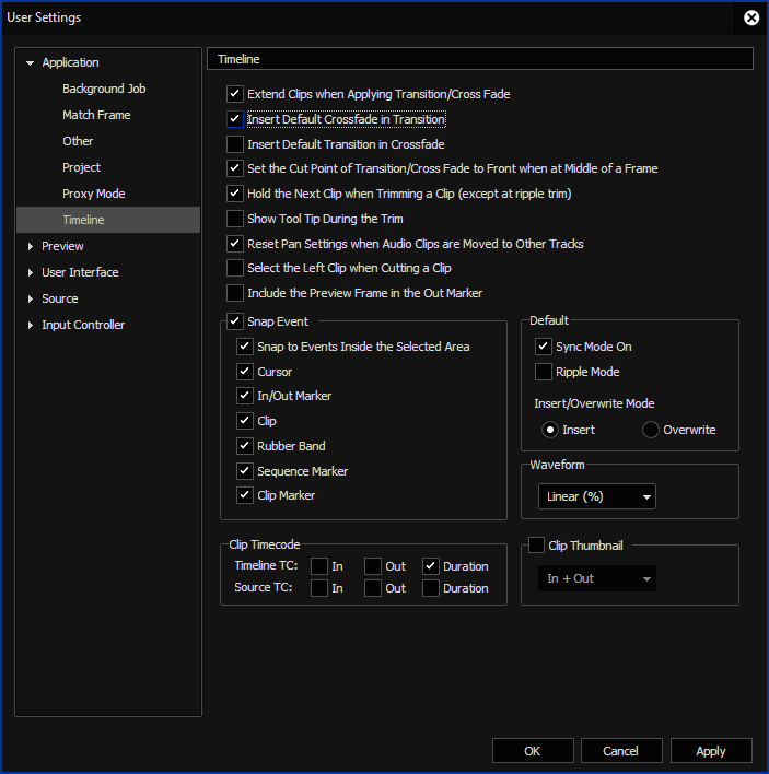 EDIUS X User Settings - Timeline