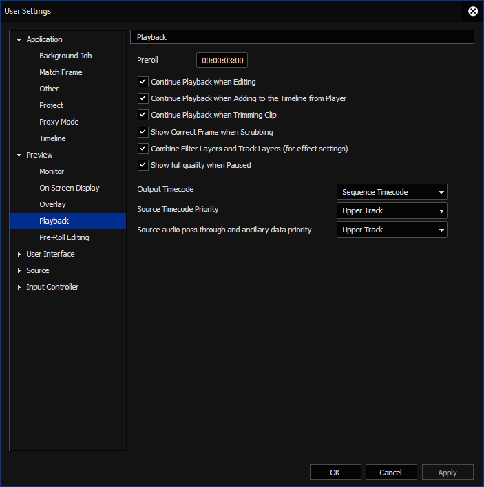 EDIUS X User Settings - Playback