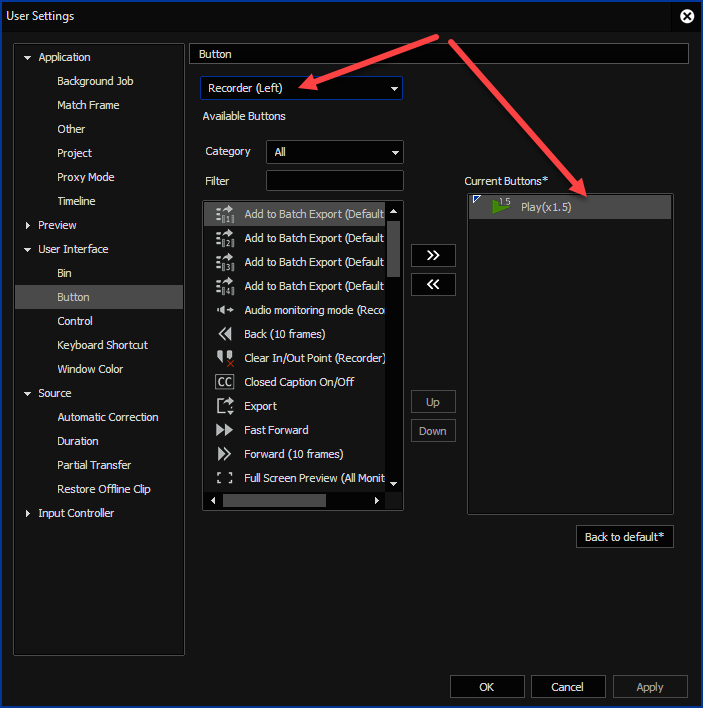 EDIUS X User Settings - Button Recorder Left