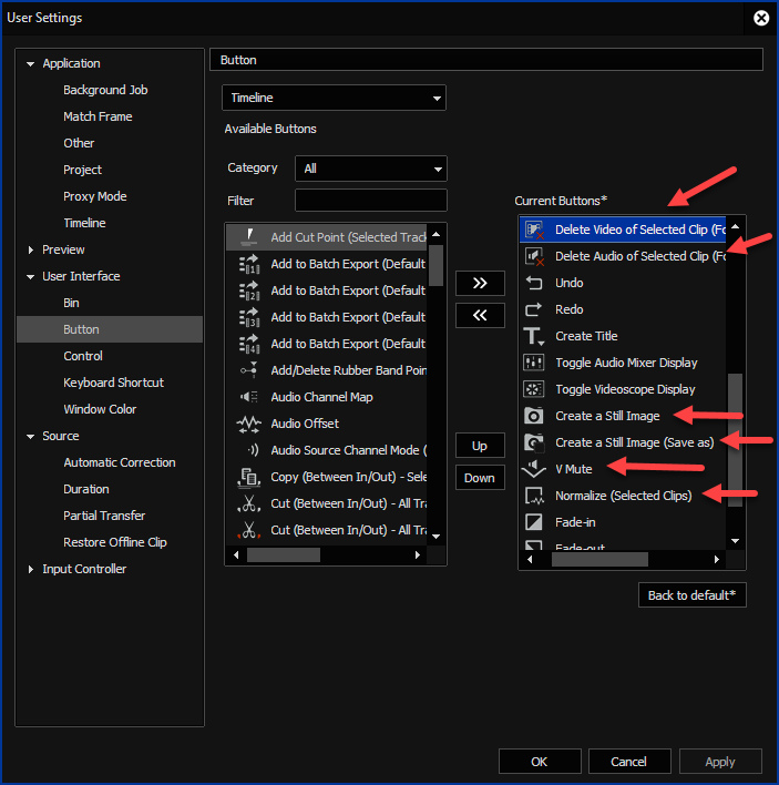 EDIUS X User Settings - Button Timeline 1