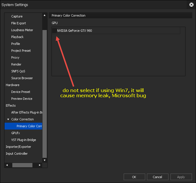 EDIUS9 User Settings - Primary Color Correction