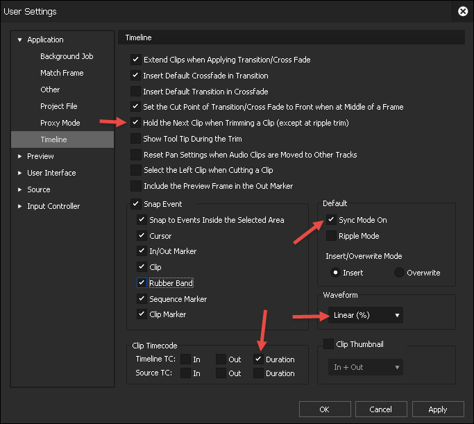 EDIUS9 User Settings - Timeline