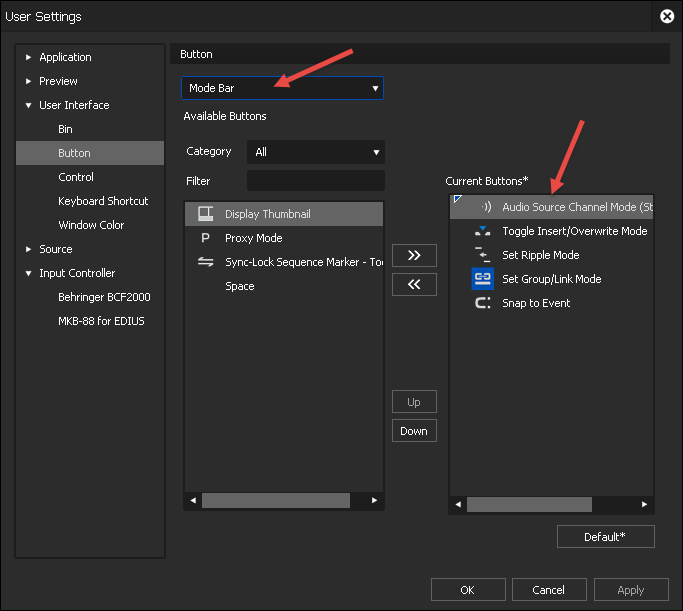 EDIUS9 User Settings - Button Mode Bar