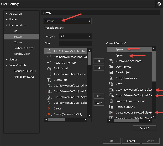 EDIUS9 User Settings - Button Timeline 1