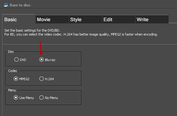 Blu-ray export selection