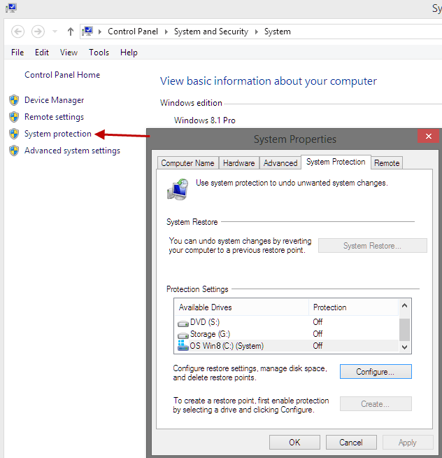 Disable System Protection in Win8