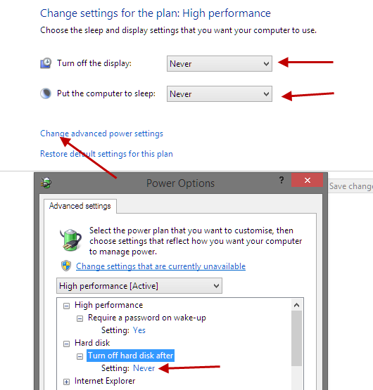 Change high performance plan settings