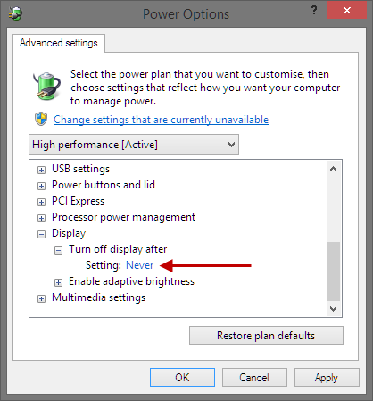 Change high performance plan settings